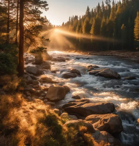 photo , river, pine trees, god rays, golden hour