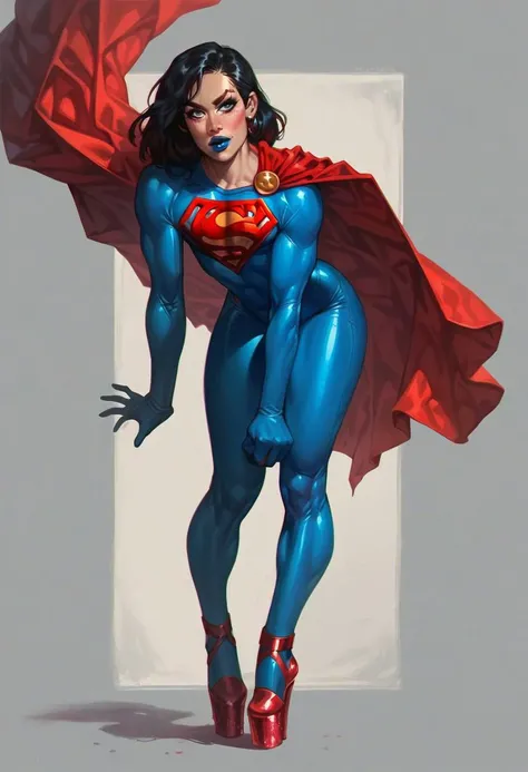 ((masterpiece)),(((best quality))),((character design sheet)), ((full body view)) illustration,(female superhero), muscular, ((blue bodysuit:1.5)), superhero, (dark brown hair:1.2), (red cape:1.5) ((detailed face:1.4)) beautiful woman, (small head:1.2) ((small breasts:1.4)) (red thighhighs:1.3)(messy hair:1.4), (blunt buzzcut:1.4), (long sideburns:1.4), shiny skin, (yellow logo on chest:1.4)(puffy lips:1.5), (full lips:1.4) (wide hips:1.3), hip dips, detailed lips, (red gloves:1.2) rough sketches, pose, 8k,16k, (simple background, white background: 1.3)