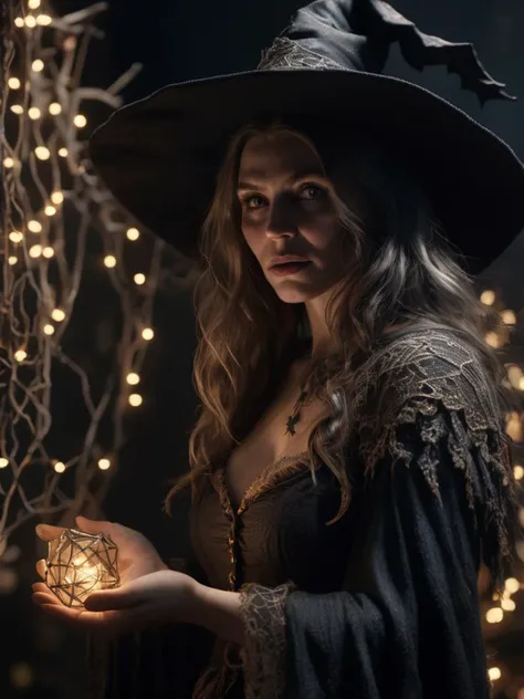 Witch, dark, highly detailed, hyper-realistic masterpiece, character design, volumetric lighting, fairy lights, intricate detail, ultra-realistic