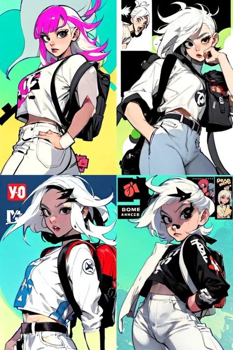 <lora:BryanLeeOMalley:0.4> blomalley, black eyes, comic, 1girl, white hair, bangs, expressive, high quality, comic expression, urban loose pants, backpack
