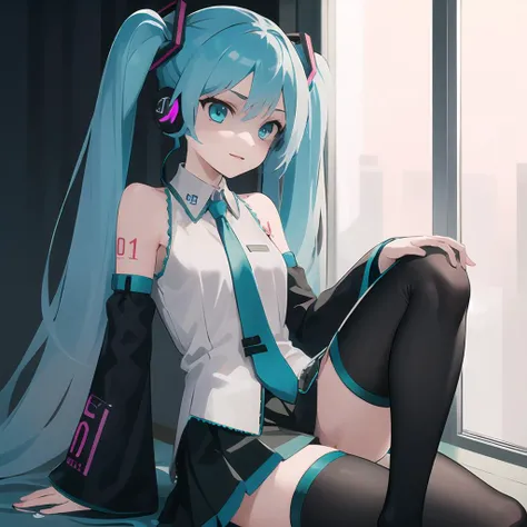 masterpiece, best quality, highres, 1girl, solo, long hair, hatsune miku, thighhighs, twintails, skirt, detached sleeves, very long hair, necktie, aqua eyes, aqua hair, tattoo, shirt, black thighhighs, sleeveless, zettai ryouiki, black skirt, headset, sleeveless shirt, hair ornament, pleated skirt, bare shoulders, aqua necktie, headphones, shoulder tattoo, white shirt, black sleeves, miniskirt, <lora:shaded_face2_pruned_0:1>