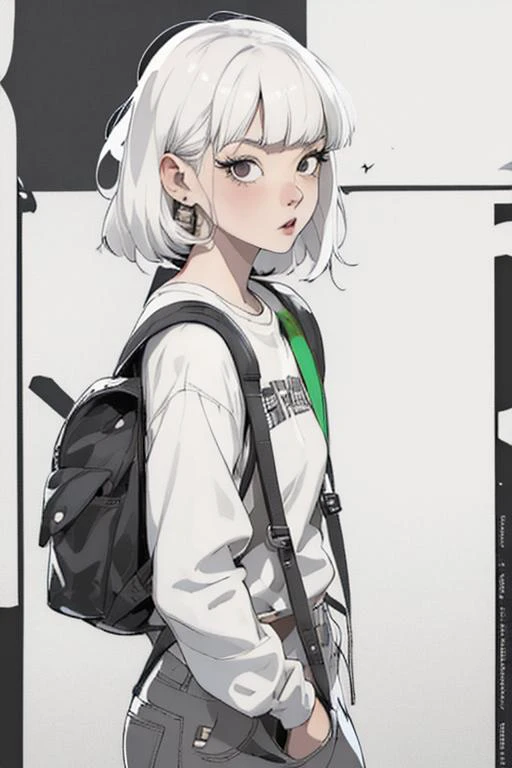 <lora:BryanLeeOMalley:0.4> blomalley, black eyes, comic, 1girl, white hair, bangs, expressive, high quality, comic expression, urban loose pants, backpack