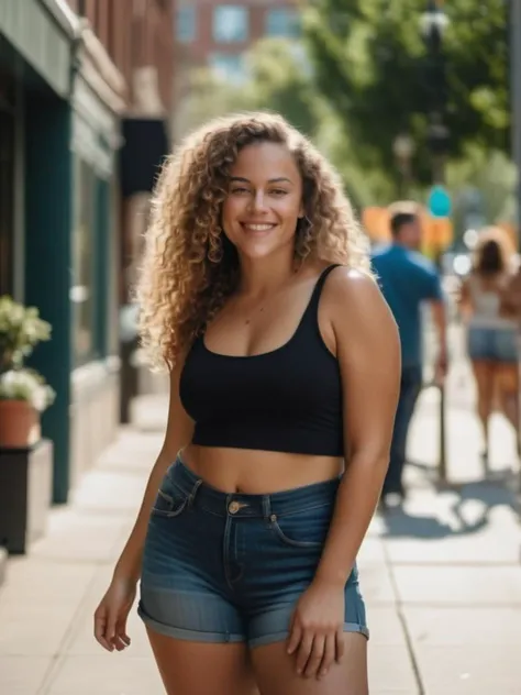 The image features a happy young beautiful woman standing on a sidewalk, smiling, beautiful long and curly hair, wearing a tank top and blue jean shorts. She is posing for the camera and appears to be confident and attractive. The woman has a curvy figure, which is accentuated by her clothing. She is holding a cell phone in her hand The setting is a city sidewalk, with a building in the background, adding to the urban atmosphere of the scene, portrait photography, dynamic composition, masterpiece, highly detail. 35mm photograph, film, bokeh, professional, 4k, highly detailed.