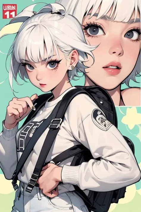 <lora:BryanLeeOMalley:0.4> blomalley, black eyes, comic, 1girl, white hair, bangs, expressive, high quality, comic expression, urban loose  pants, backpack