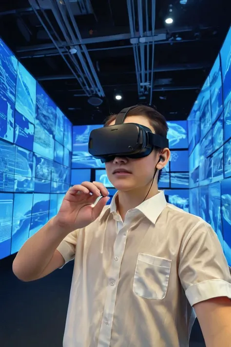 A virtual reality headset display, with immersive digital worlds unfolding before the viewer's eyes, illustrating the role of AI in creating and enhancing virtual experiences, with subtle animations that bring the scene to life., realistic,