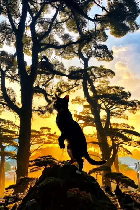 A cat is standing at the top of the tree, Double exposure, silhouette photography, Miyazaki Hayao style, 32K, hyper quality, realistic,
