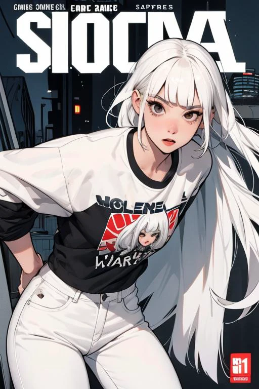 <lora:BryanLeeOMalley:0.4> blomalley, black eyes, comic, 1girl, white hair, bangs, expressive, high quality, comic expression, urban loose pants
