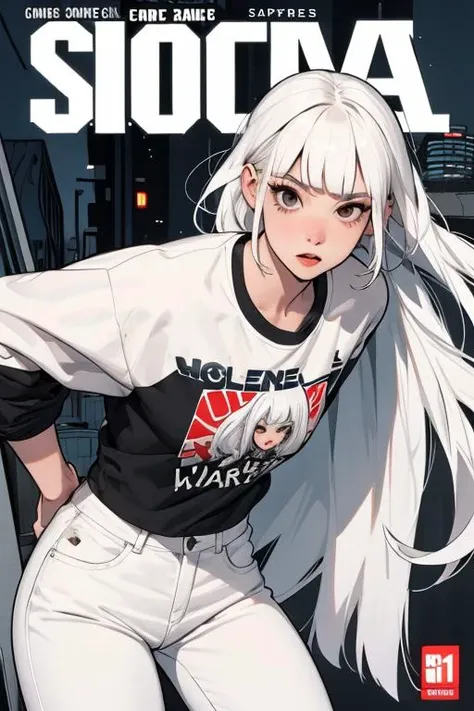 <lora:BryanLeeOMalley:0.4> blomalley, black eyes, comic, 1girl, white hair, bangs, expressive, high quality, comic expression, urban loose  pants