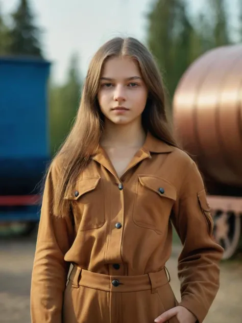 best quality, action a young girl 18yo skin skin-color color stand in russian empire, jumpsuit, General_Camera 135mm f1.8 len, realistic