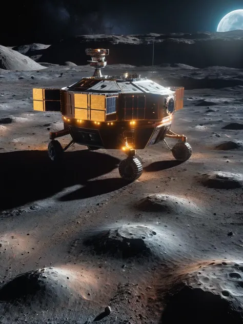 An exploration vessel hovering above the cratered surface of a remote moon, deploying probes and drones to scan and map the terrain, bathed in the eerie light of a distant star., realistic