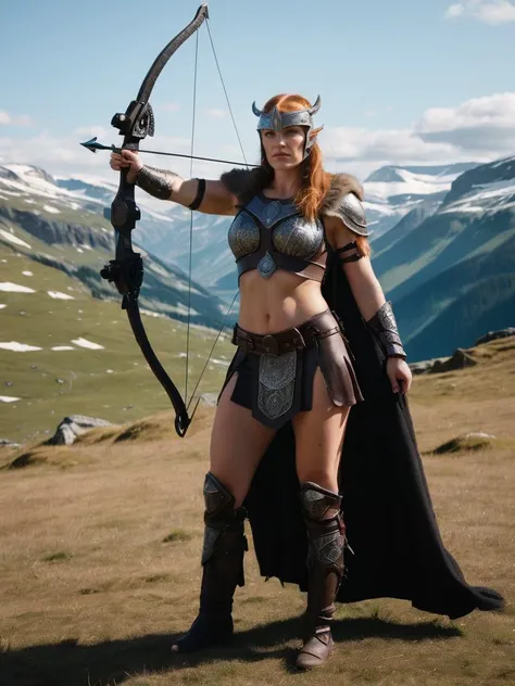 Photorealistic image ((Masterpiece)), ((high quality)) UHD 8K, of a real (Viking archer goddess, Hilda), strong, ((slim body)), ((tall model)), ((skinny waist)), full body, ((from_behind)) ((long ginger hair with braids)), (blue eyes), (((helmet))), (((hyper-realistic black fantasy full black armor, with intricate details))), (((wielding a fantasy bow weapon pointing right))), ((long cloak of skin)), (in guardian position, in Valhalla), realistic photography, natural lighting, professional DSLR camera, mecha, robot,
