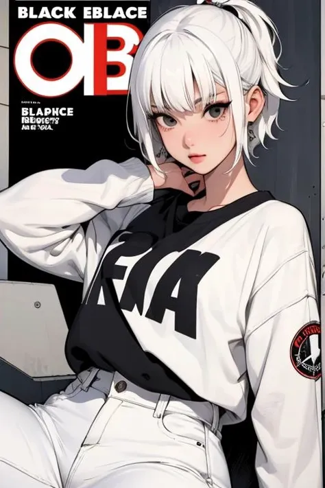 <lora:BryanLeeOMalley:0.4> blomalley, black eyes, comic, 1girl, white hair, bangs, expressive, high quality, comic expression, urban loose  pants