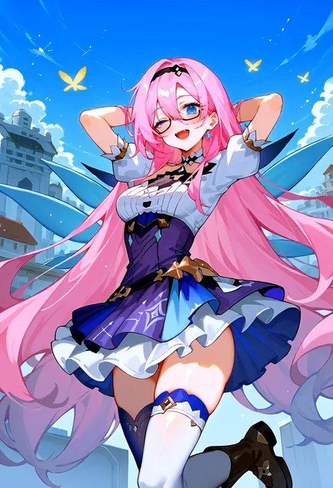 zPDXL3, rating_explicit, source_anime, masterpiece, high quality, BREAK <lora:age_slider_v4:4> <lora:pony_good_hands:1> good_hands <lora:SeraphineLoLXL:1> SeraphineLoLXL, blue eyes, pink hair, bangs, hair ornament, very long hair, shiny hair, star (symbol), earrings, medium breasts, choker, white jacket, puffy short sleeves, purple dress, wings, white gloves, skirt, belt, white thighhighs, brown boots,detailed_background,outdoors,hairband,black hairband,zettai ryouiki,;d,highres,1girl,two-tone dress,absurdres,cowboy shot,dress,white dress,open mouth,glasses,blush,black-framed eyewear,very long hair,large breasts,long hair,heart,blue thighhighs,arms behind head,smile,aqua dress,bespectacled,knosdeba,sideboob,grey hair,breasts,honkai: star rail,honkai \(series\),one eye closed,thighhighs,hair between eyes,alternate costume,looking at viewer,firefly \(honkai: star rail\)