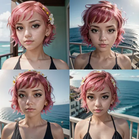 1girl, high quality, masterpiece,   short pink hair ,bangs,  side locks, black eyes,  yellow bikini  , detailed, high quality, raw,  detailed face, detailed black eyes, detailed lips, balcony, ocean,  <lora:Ramona_Flowers-10:0.6> Ramona_Flowers, fisheye