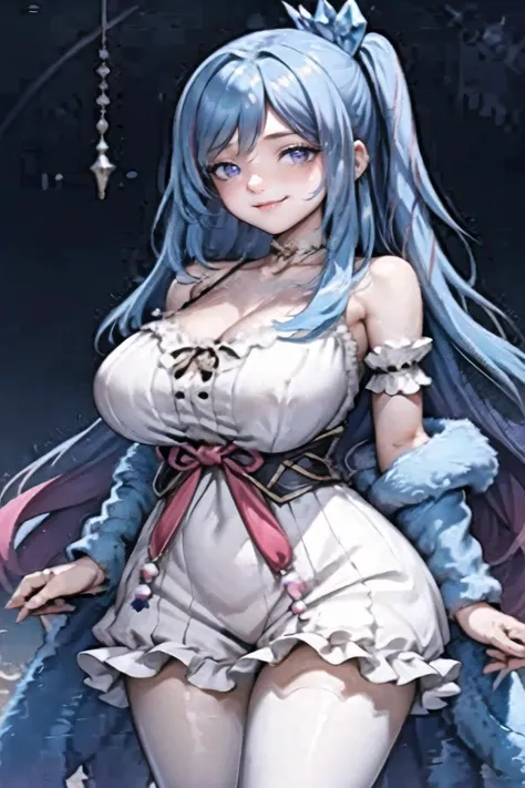female, female only, seductive. seductive smile, blush, blushing, lusty smile, is horny, lusty expresion, heart pupils, hearts, thick ass, thick thighs, pink hearts, yandere trance, hands on own face, hands on own cheeks, facing viewer, simple background, ranni the witch, blue skin, blue hair, blue eyes, witch, snow witch, four arms,