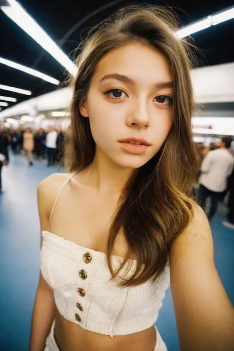 best quality, waist-up a girl 20yo skin skin-color color stand in italy, runway fashion, General_Camera Fisheye len, realistic