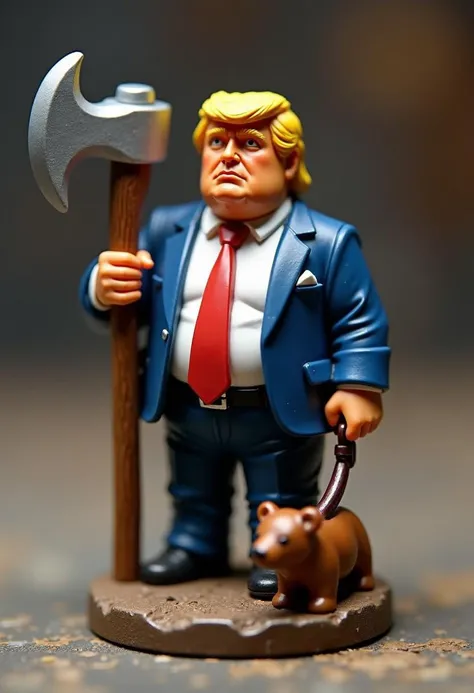 Macro Shot of Painted Miniature Figure from Tabletop Games of Donald Trump holding a Large Battleax and having a little bear on a leash.