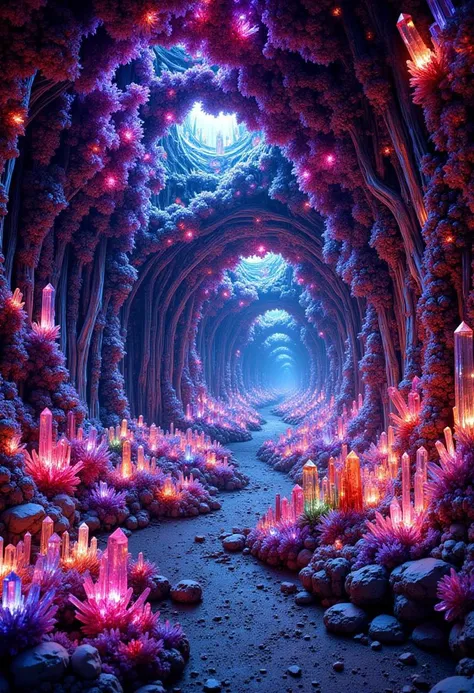The crystal tunnel. The walls and ceiling of the tunnel are covered in colorful crystals. Clusters of crystals grow in all directions from the walls and ceiling. The crystals sparkle and shine in rainbow colors like gems. Mythic atmosphere.
<lora:ral-crystalz:1> crystalz,
<lora:FluxMythP0rtr4itStyle:1> mythp0rt