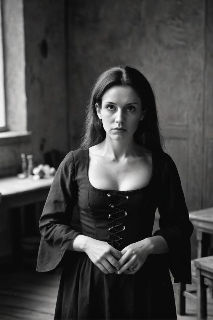 "A trial for witchcraft, with a woman accused of casting spells." photograph, absurd photo, film grain,