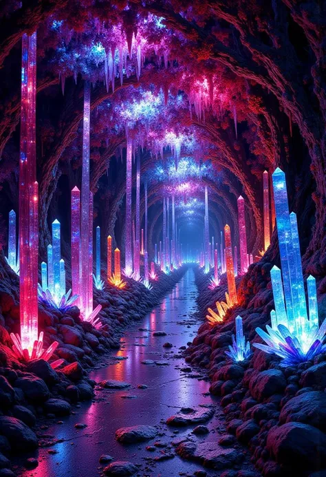 The crystal tunnel. The walls and ceiling of the tunnel are covered in colorful crystals. Clusters of crystals grow in all directions from the walls and ceiling. The crystals sparkle and shine in rainbow colors like gems. Mythic atmosphere.
<lora:ral-crystalz:1> crystalz,
<lora:FluxMythP0rtr4itStyle:1> mythp0rt