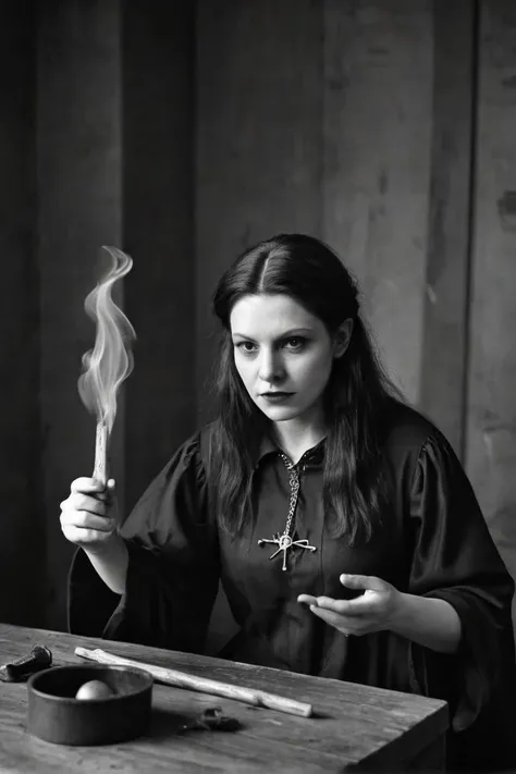 "A trial for witchcraft, with a woman accused of casting spells." photograph, absurd photo, film grain,