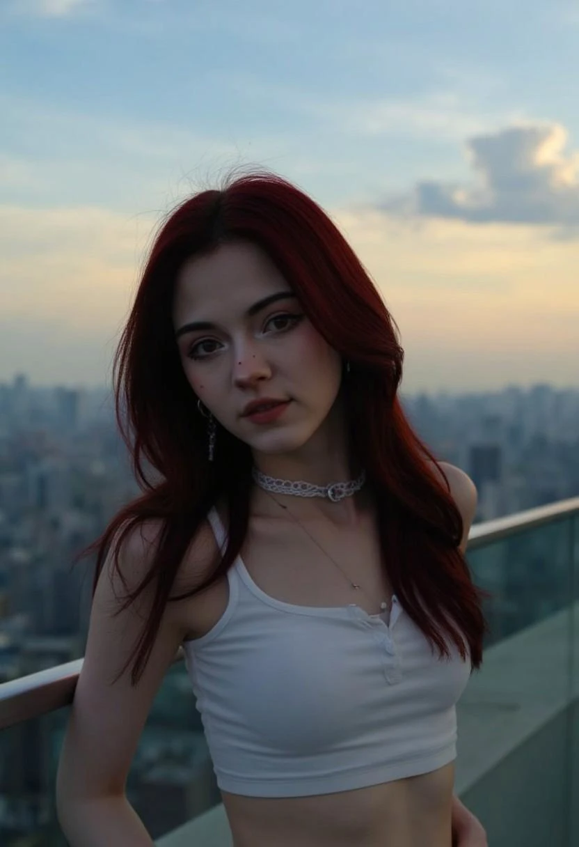 A young woman KTNK, soft freckles. She is captured in an upper body camera shot, striking a flirty pose as she looks towards the viewer. A high-rise rooftop overlooking a city skyline during early evening, after sunset, a slight breeze moving the hair, and the distant glow of Hong Kong city lights starting to come alive. The rooftop features sleek, glass railings, providing an unobstructed view of the sprawling city below. The glass reflects the warm tones of the sunset, adding a touch of modern elegance. Small, understated stud earrings, shaped like a planets. playful or mysterious expression. She is topless, no bra, Real Nipples and Areola Textures, RNAT. Masterpiece, highest quality. Sexy. Perfect small breasts. Breast focus