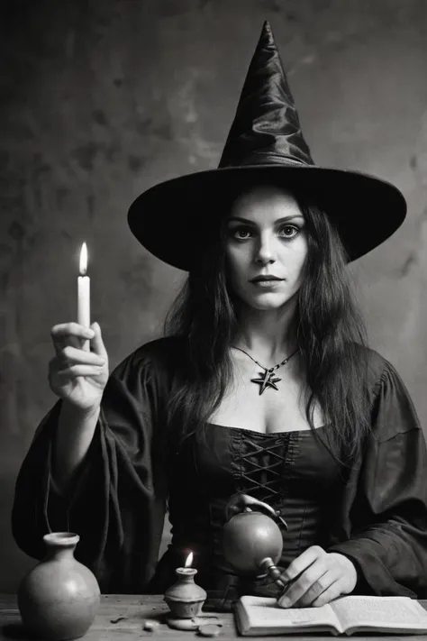 "A trial for witchcraft, with a woman accused of casting spells." photograph, absurd photo, film grain,