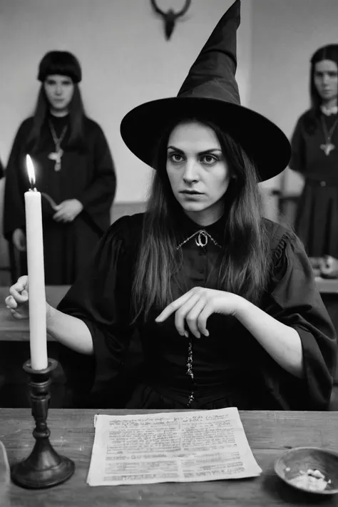 "A trial for witchcraft, with a woman accused of casting spells." photograph, absurd photo, film grain,