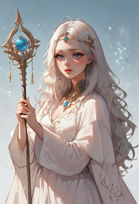 score_9, score_8_up, score_7_up, score_6_up, score_5_up, zmzq,BREAK,
"silver wavy long hair"
"deep blue eyes"
"wearing a scholar's robe with mystical symbols"
"holding a decorated magical staff"
"enchanted jewelry"
"curious and passionate about magic"
"aloof but loyal to friends"
"background of scholarly family"
"surrounded by ancient tomes or magical artifacts"