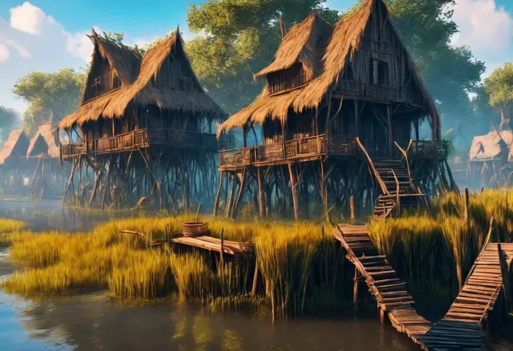 Masterpiece, best quality, UHD, 16k, high res, high detailed,
a mysterious settlement in the ancient swamps is made up of wooden and reed houses on platforms and piles in the middle of the swamps, connected by bridges. Spreading trees hide this settlement from prying eyes, the mystery and magic of the place,
epic, dynamic colors,