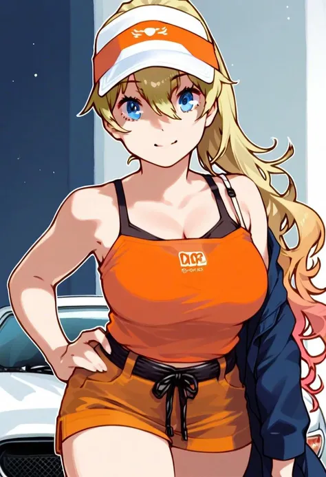score_9, score_8_up, score_7_up, <lora:Expressive_H:0.8>, expressive, <lora:unomakotoPonyXL01_100e_8x1:0.7>,unomakoto, 1girl, (solo:1.4), (smug:0.7), smile, happy, standing, closed mouth, hand on hip, (looking at viewer:0.7), big eyes, (anime:1.3), (2d:1.3), blue eyes, ng_deepnegative_v1_75t, (blonde hair:0.9), (wavy hair:1.2), medium hair, (ponytail:1.2), (camisole:0.9), Torinyy, (car:1.2), (vehicle:1.2), (denin short shorts:1.2), (visor cap:1.2), (gradient hair:1.3), (contemporary:1.4),