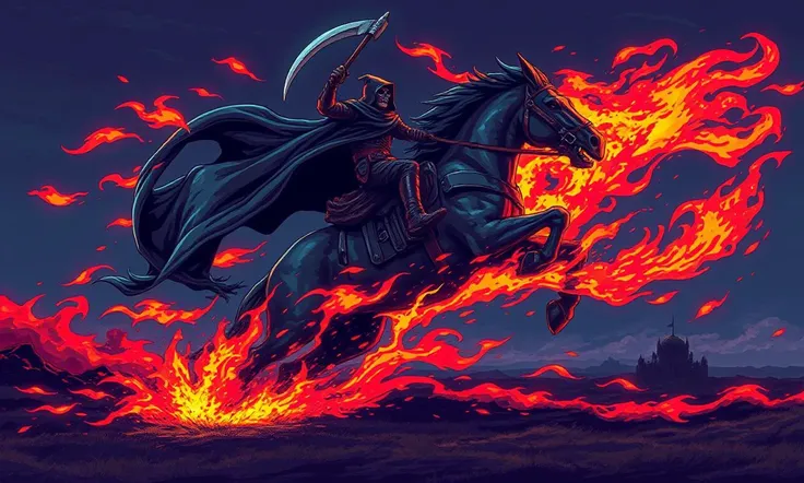 Glitchcore Art Style, retro game art pixel-art. In a medieval setting.
A nightmare steed, wreathed in black flames, gallops across the battlefield, its fiery hooves burning the earth as it charges forward. The beastâs rider, a cloaked specter, holds a glowing scythe, their skeletal form barely visible through the swirling shadows.
dynamic, dramatic, (vibrant:1.2), (vibrant colors:1.3), medieval fantasy game art, nostalgic, charming, glitchcore art style