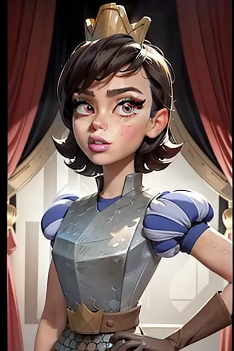 princess, armor princess, gloves, crown, short sleeves, puffy sleeves, breastplate, brown gloves, cute, round face, round head, round chin, small waist, elegant, big hips, tall <lora:princess-10:1>, masterpiece, best quality, eyelashes in one piece, dark brown round eyes, slut, slutty, makeup, eyeliner, peace hand, shy, seductive