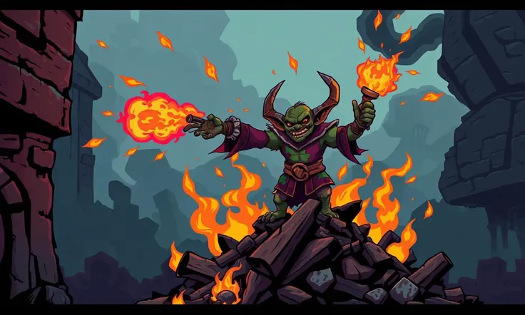 Glitchcore Art Style, retro game art pixel-art. In a medieval setting.
A goblin pyromancer stands on a pile of smoldering debris, cackling as it hurls fireballs with reckless abandon. Its patchy robes smolder around the edges, and a manic gleam dances in its eyes as the flames spread.
dynamic, dramatic, (vibrant:1.2), (vibrant colors:1.3), medieval fantasy game art, nostalgic, charming, glitchcore art style