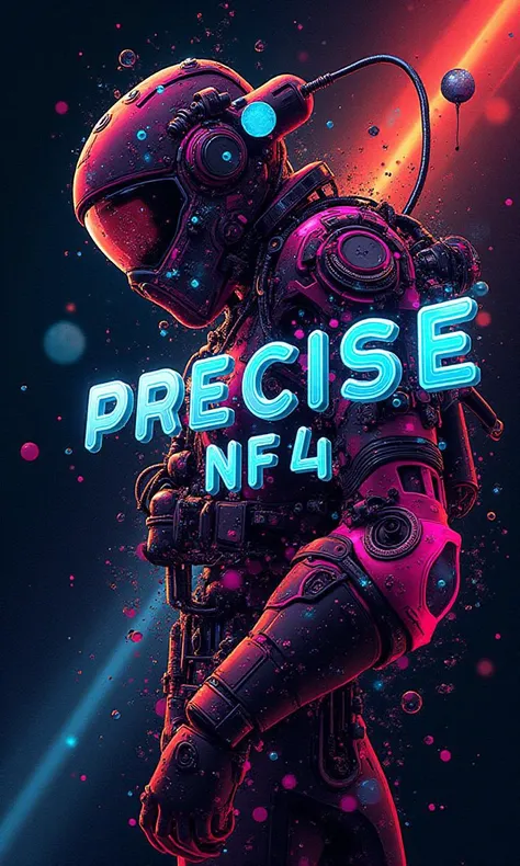 Surreal, Neon text: "PRECISE NF4 FULL", Space Art, Sci-Fic Art, Dark Influence, NijiExpress 3D v3, Kinetic Art, Datanoshing, Oilpainting, Ink v3, Splash style, Abstract Art, Abstract Tech, Cyber Tech Elements, Futuristic, Epic style, Illustrated v3, Deco Influence, AirBrush style, drawing, Metallic Effect, Geo2099 style, Mixpnk, Nanopunk