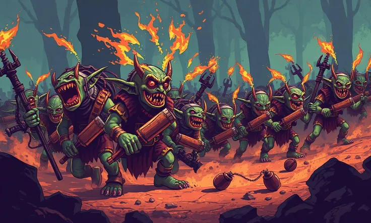 Glitchcore Art Style, retro game art pixel-art. In a medieval setting.
A swarm of goblin sappers, strapped with explosives and twisted contraptions, skitters across the battlefield. Their laughter is maniacal, and their small hands move with alarming speed as they prepare their makeshift bombs.
dynamic, dramatic, (vibrant:1.2), (vibrant colors:1.3), medieval fantasy game art, nostalgic, charming, glitchcore art style