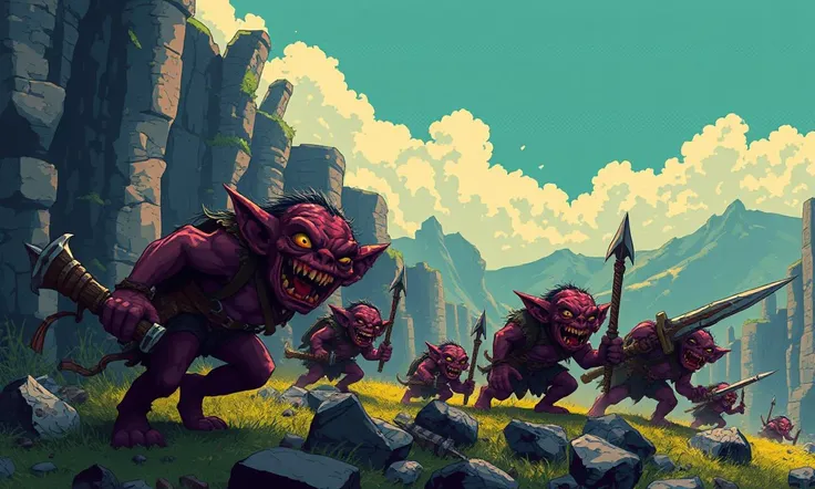 Glitchcore Art Style, retro game art pixel-art. In a medieval setting.
A feral goblin pack descends from the cliffs, their high-pitched screeches echoing across the valley. The goblins, armed with makeshift weaponsâclubs, rocks, and broken spearsâcharge with reckless abandon, their eyes alight with malice.
dynamic, dramatic, (vibrant:1.2), (vibrant colors:1.3), medieval fantasy game art, nostalgic, charming, glitchcore art style