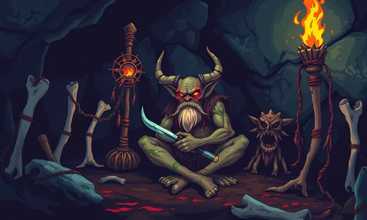 Glitchcore Art Style, retro game art pixel-art. In a medieval setting.
A shamanistic goblin elder sits cross-legged in a filthy cave, surrounded by twisted totems made of bones and twine. His eyes glow with unnatural power as he mutters incantations, summoning dark spirits to aid his kin.
dynamic, dramatic, (vibrant:1.2), (vibrant colors:1.3), medieval fantasy game art, nostalgic, charming, glitchcore art style