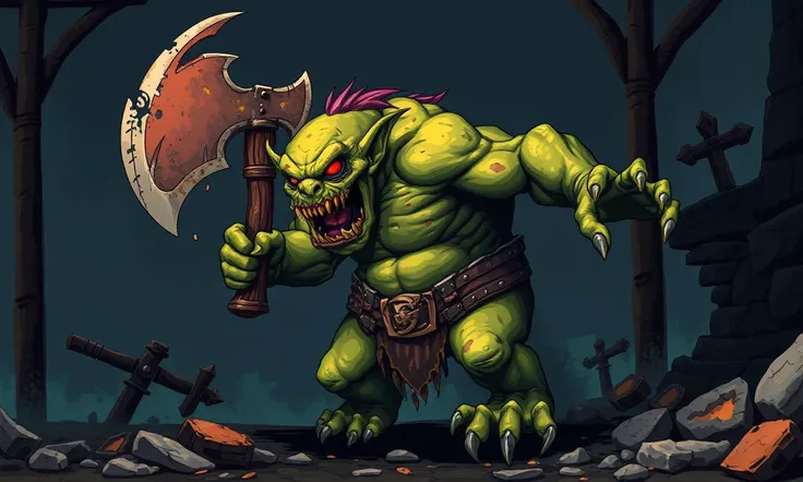 Glitchcore Art Style, retro game art pixel-art. In a medieval setting.
A hulking goblin brute stomps out of the shadows, its skin a sickly green, covered in rough patches. It wields a rusted, jagged cleaver far too big for its squat body, swinging it wildly as it lets out a guttural roar.
dynamic, dramatic, (vibrant:1.2), (vibrant colors:1.3), medieval fantasy game art, nostalgic, charming, glitchcore art style