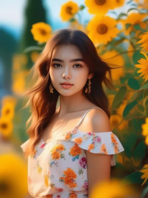 (8K, RAW photo, best quality, masterpiece:1.6), realistic shaded lighting by Ilya Kuvshinov Giuseppe Dangelico Pino and Michael Garmash, medium shot of ((1girl)), (18yo:1.3), look at me, slight smile, cute fine face, detailed face, smooth soft skin, crop top, flower background.