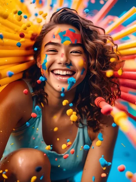 8k, RAW photo, best quality, masterpiece, snapshot aesthetic, dramatic lighting, sharp focus, high quality,
1girl, paper cannon explosion, savage smile, paint in body, splash, light skin, particles, film grain, Sony A9 II, F/8,
colorful, dynamic background.