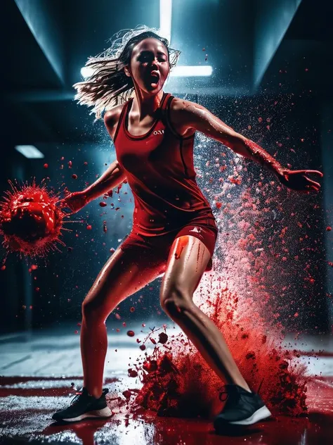 8k, RAW photo, best quality, masterpiece, snapshot aesthetic, dramatic lighting, sharp focus, high quality, 
1girl, blood explosion, painful, blood in body, splash, light skin, particles, film grain, Sony A9 II, F/8, 
selective colors, dynamic background.