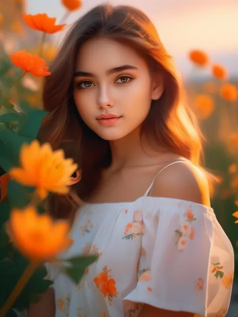 (8K, RAW photo, best quality, masterpiece:1.6), realistic shaded lighting by Ilya Kuvshinov Giuseppe Dangelico Pino and Michael Garmash, medium shot of ((1girl)), (18yo:1.3), look at me, slight smile, cute fine face, detailed face, smooth soft skin, crop top, flower background.
