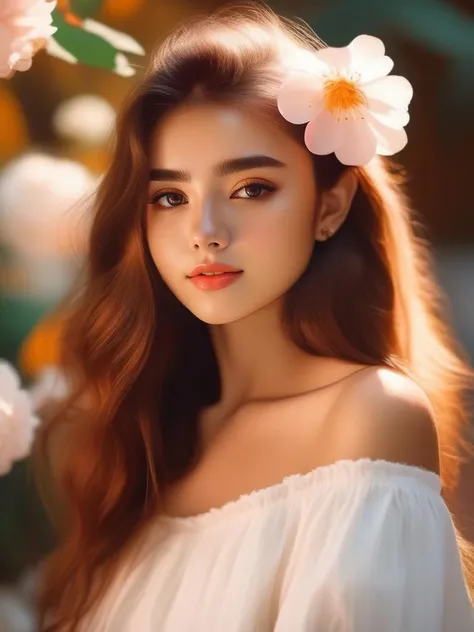 (8K, RAW photo, best quality, masterpiece:1.6), realistic shaded lighting by Ilya Kuvshinov Giuseppe Dangelico Pino and Michael Garmash, medium shot of ((1girl)), (18yo:1.3), look at me, slight smile, cute fine face, detailed face, smooth soft skin, crop top, flower background.