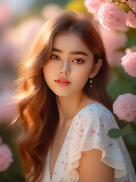(8K, RAW photo, best quality, masterpiece:1.6), realistic shaded lighting by Ilya Kuvshinov Giuseppe Dangelico Pino and Michael Garmash, medium shot of ((1girl)), (18yo:1.3), look at me, slight smile, cute fine face, detailed face, smooth soft skin, crop top, flower background.