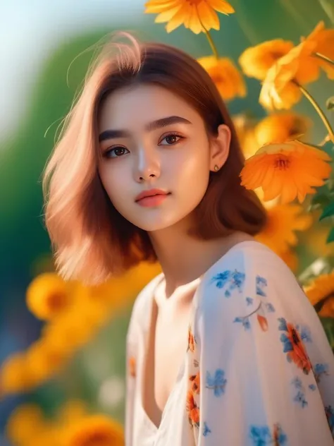 (8K, RAW photo, best quality, masterpiece:1.6), realistic shaded lighting by Ilya Kuvshinov Giuseppe Dangelico Pino and Michael Garmash, medium shot of ((1girl)), (18yo:1.3), look at me, slight smile, cute fine face, detailed face, smooth soft skin, crop top, flower background.