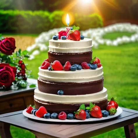 (((the greatest cake, birthday cake on the ground, fruits))), ((surrounded with roses)), (garden background), (((professional shot, professional product photography, professional food photography))), (((hdr:2.0, ray tracing:2.0, ultra high detail ultra realism, professional digital photo, detailed professional photo, professional photography 1 6 k, professional quality, professional shading, professional unique masterpiece, highly professionally detailed, professional light, professional composition, beautiful coherent professional)))