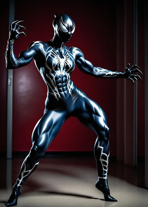 cinematic still of woman in she-venom costume cosplay, full body pose, from a movie, uberfit, professional photo, film grain, muscular, athletic <lora:uberfit_lora_sdxl_civtai:0.75>