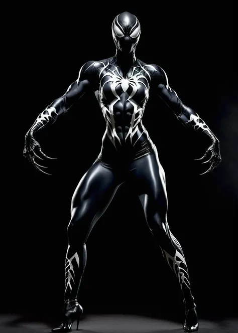 cinematic still of woman in she-venom costume cosplay, full body pose, from a movie, uberfit, professional photo, film grain, muscular, athletic <lora:uberfit_lora_sdxl_civtai:0.75>