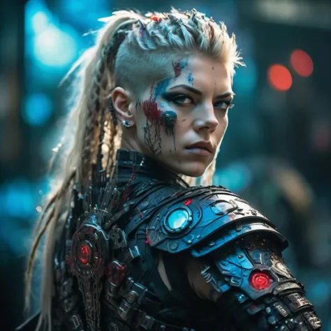 (cyberpunk:1.3) (Lagertha from Vikings) re-imagined as a (cyborg:1.2) with (extensive cybernetic implants:1.2), (wielding huge sword:1.3),(wearing complex futuristic high tech exotically decorated armor),  (blood splattered everywhere:1.3), beautiful colors, (great composition), (cinematic view), (anime in the style of vampire hunter D: bloodlust),  highly stylized, high contrast, (sprawling cyberpunk city background), sharp focus, (exquisite details), (extreme level of details), (punk rock aesthetics:1.2), (heavy metal:1.2), (incredibly photorealistic), (amazing realism), 8k, (diffused light), (exposure blend:1.2), award-winning, official art, (black, chrome, blue and red colors), (fine embroideries), (intricate parts)